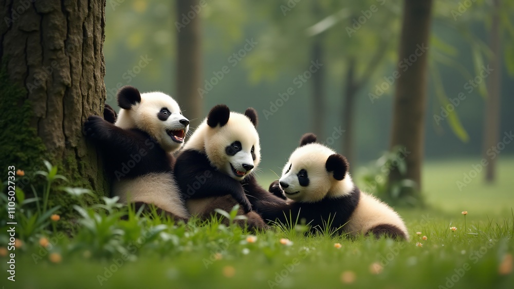 Fototapeta premium Capture the playful spirit of panda cubs climbing, rolling, and tumbling in a lush bamboo forest. Their innocent joy and energetic movements are illuminated by soft natural light.