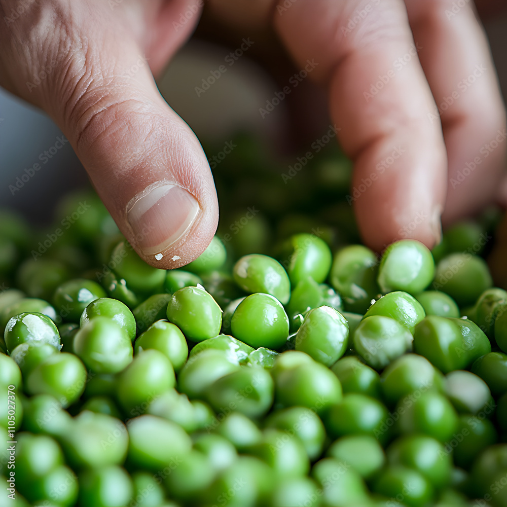 Shelling green peas by hand kitchen table macro shot natural light close-up artisan technique Shelling green peas by hand kitchen table macro shot natural light close-up artisan technique