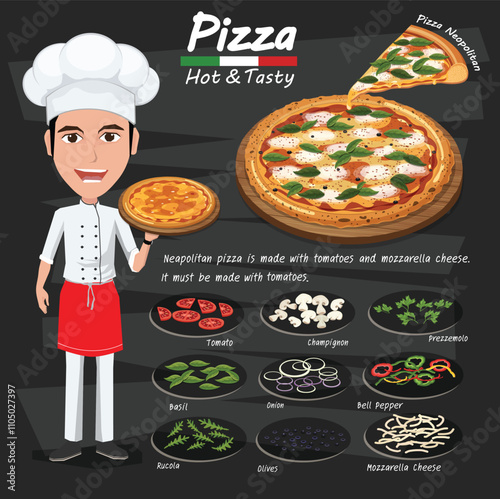 chef pizza. pizza ingredients. cartoon illustration