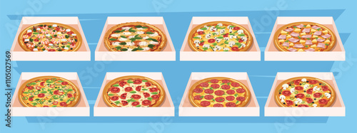 Pizza in a cardboard box. Pizza boxes. vector illustration