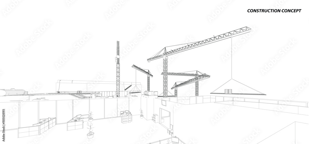 Building crane on the Architecture background. Perspective 3d vector.
