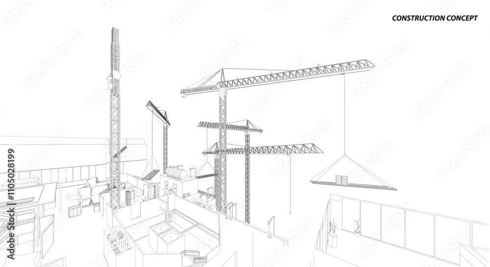 Obraz premium Building crane on the Architecture background. Perspective 3d vector.