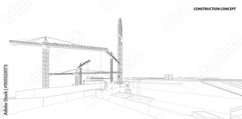 Building crane on the Architecture background. Perspective 3d vector.