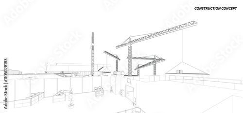 Building crane on the Architecture background. Perspective 3d vector.