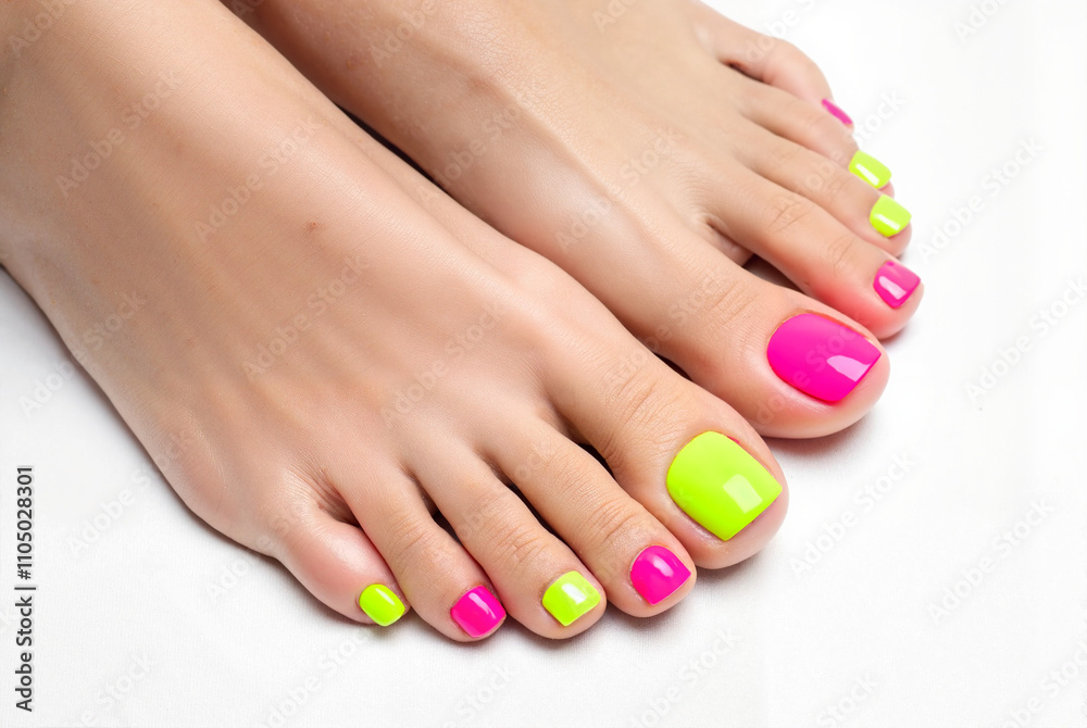 Neon pedicure with pink and green summer vibe Neon pedicure with pink and green summer vibe