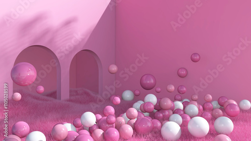 Colorful balloons flying in the room. 3D illustration, 3D rendering	
