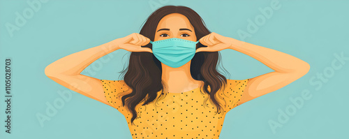 Woman Adjusting Protective Face Mask,  A Stylish Vector Illustration of Health and Wellness photo