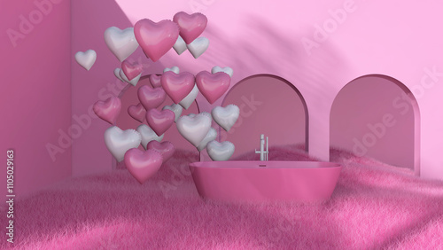 Colorful balloons flying in the room. 3D illustration, 3D rendering	
