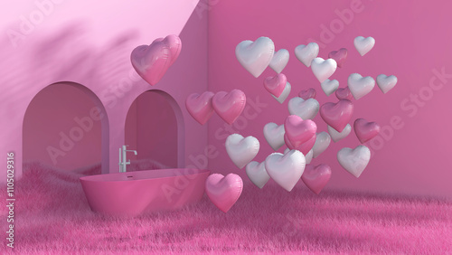 Colorful balloons flying in the room. 3D illustration, 3D rendering	