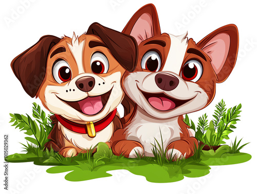 Two happy cartoon dogs sitting together in green grass. photo