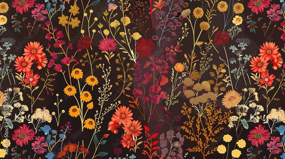 A seamless pattern of colorful flowers and plants on a dark background. A seamless pattern of colorful flowers and plants on a dark background.