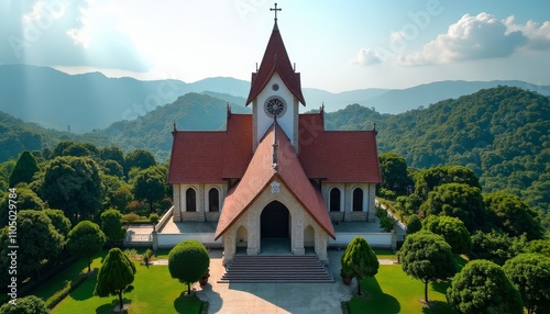 Large church on a hill with mountains in the background