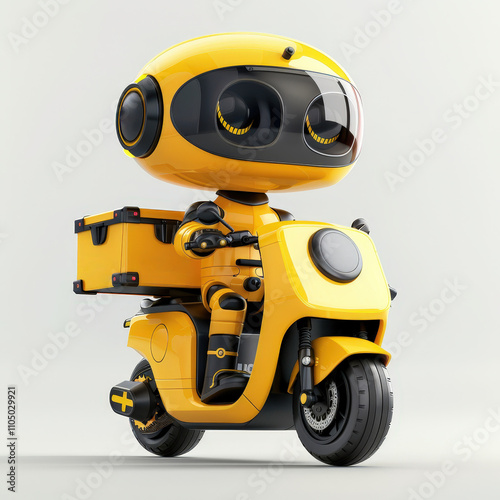 A cheerful yellow robot riding a scooter, ready to deliver packages with efficiency and style!