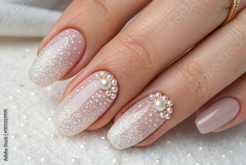 Nude nails with glitter gradient and pearl accents