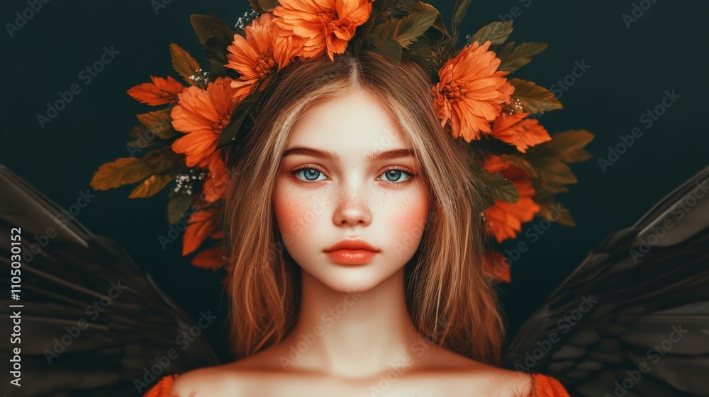 A portrait of a girl with a floral crown and dark wings, blending elements of beauty and fantasy in a captivating. A portrait of a girl with a floral crown and dark wings, blending elements of beauty and fantasy in a captivating.
