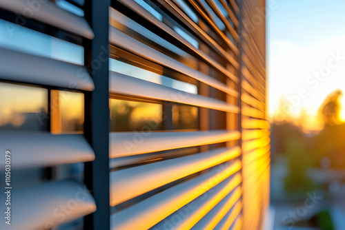 Sunset Glows on Aluminum Window Louvers  Exterior Building Design  Modern Architectural Detail  Warm Golden Light  Dusk Illumination