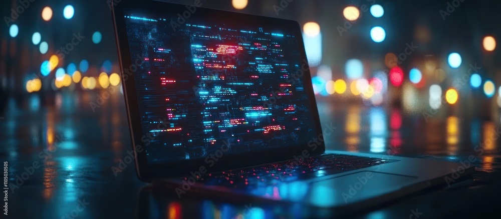 A laptop with a glowing screen displaying code sits on a table in front of a blurry city lights background. A laptop with a glowing screen displaying code sits on a table in front of a blurry city lights background.
