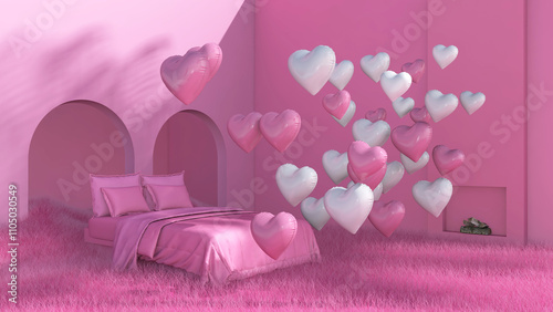 Colorful balloons flying in the room. 3D illustration, 3D rendering	