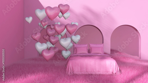 Colorful balloons flying in the room. 3D illustration, 3D rendering	
