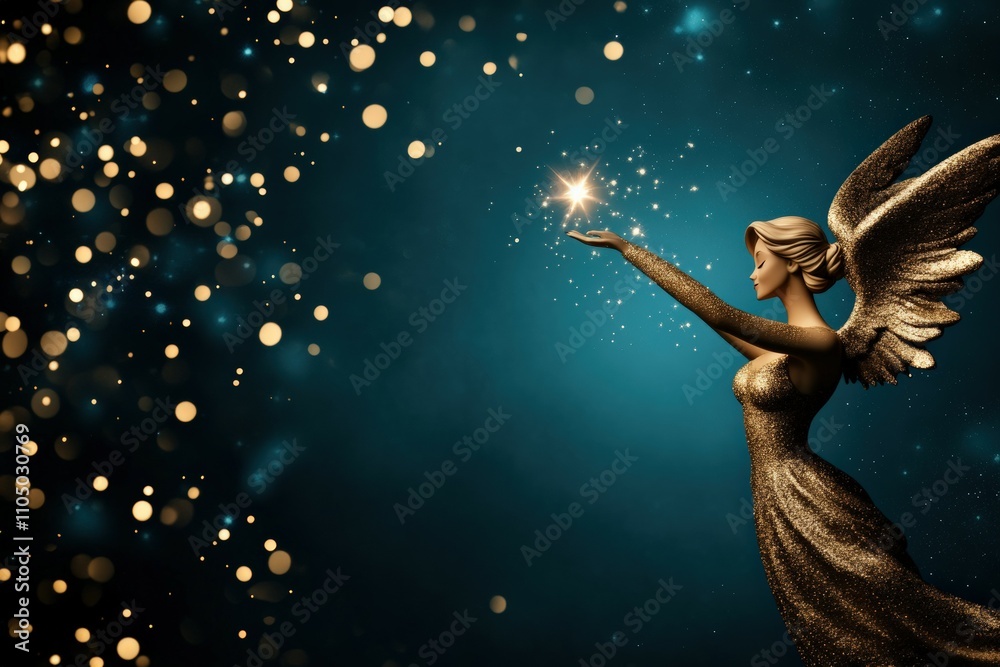 A shimmering angel figure extending a hand with a star, surrounded by a magical, sparkling background of golden bubbles. A shimmering angel figure extending a hand with a star, surrounded by a magical, sparkling background of golden bubbles.