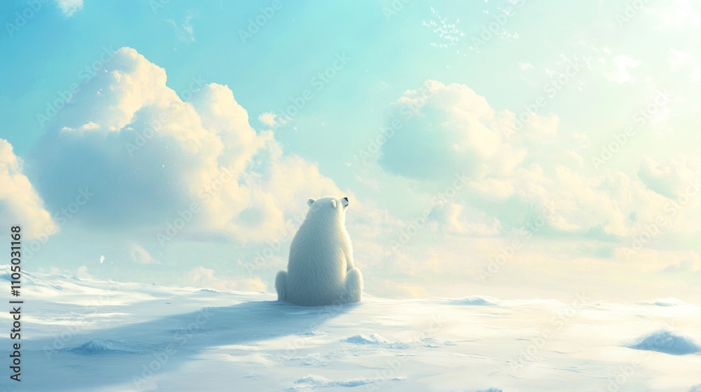 Polar Bear Sitting on Snowy Landscape Gazing at Sky Polar Bear Sitting on Snowy Landscape Gazing at Sky