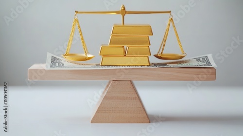 Balance of Gold Bars and Paper Currency Concept photo