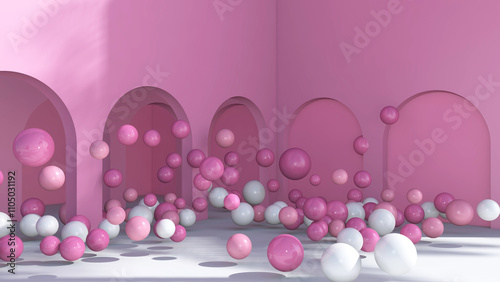 Colorful balloons flying in the room. 3D illustration, 3D rendering	
