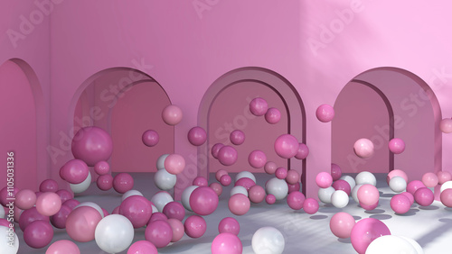 Colorful balloons flying in the room. 3D illustration, 3D rendering	