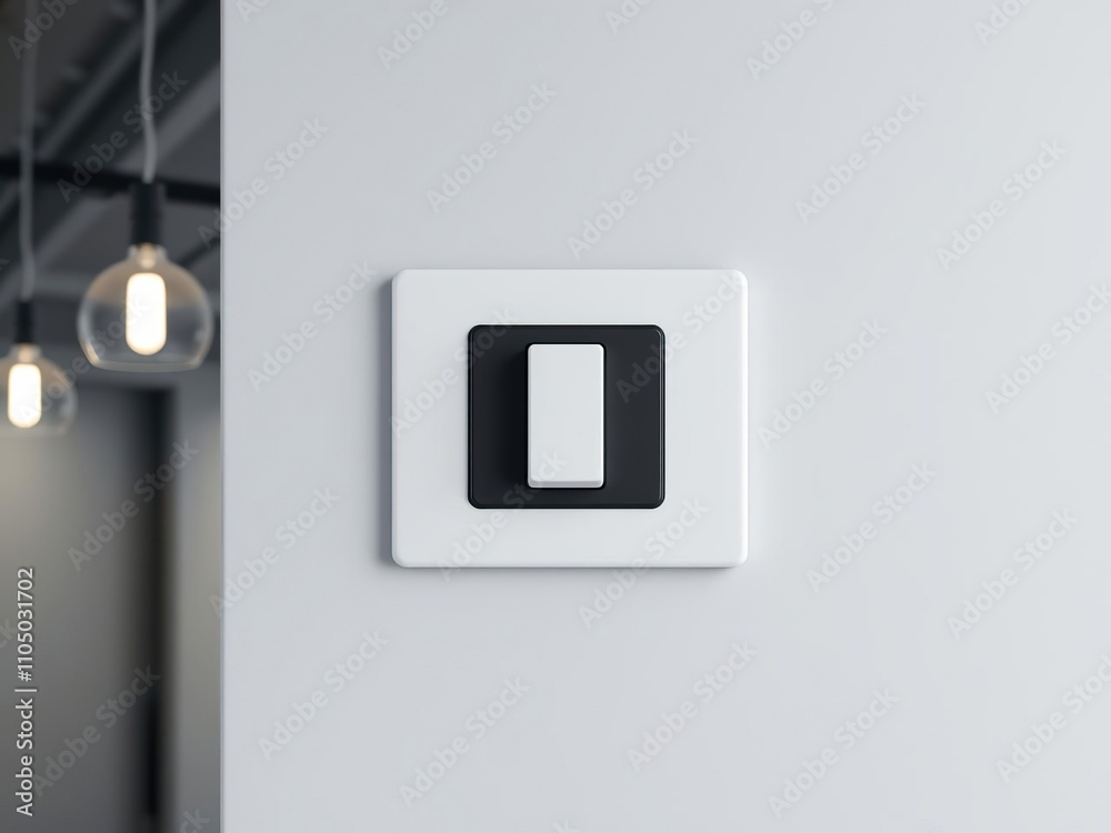 Sleek white light switch with a matte black border placed on a modern wall as part of an industrial-style lighting installation, industrial design, LED lighting, modern home decor Sleek white light switch with a matte black border placed on a modern wall as part of an industrial-style lighting installation, industrial design, LED lighting, modern home decor