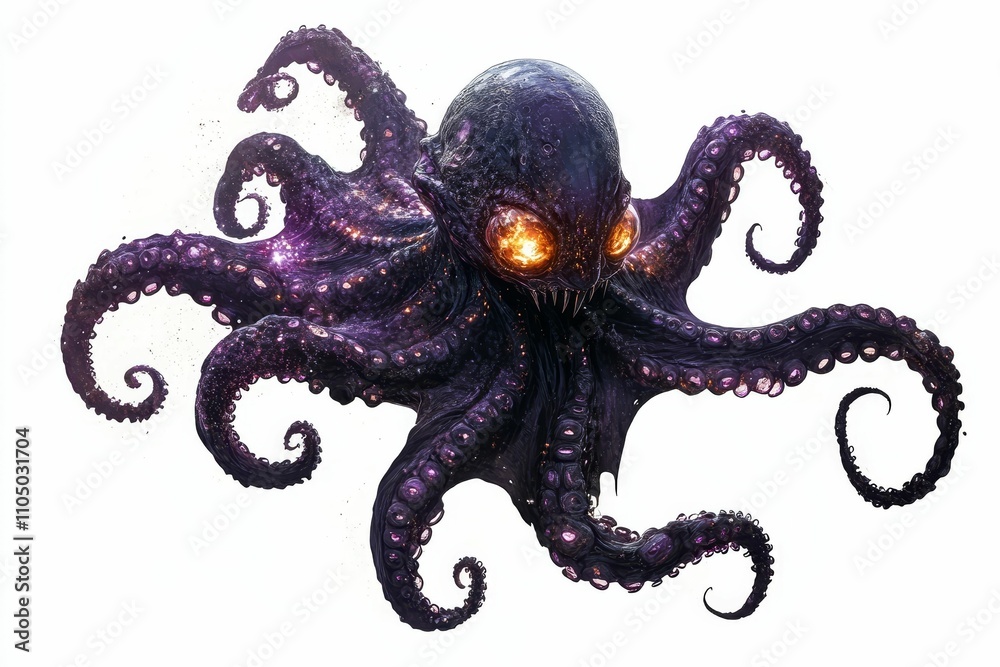 Fototapeta premium Dark cephalopod, glowing eyes, cosmic texture.