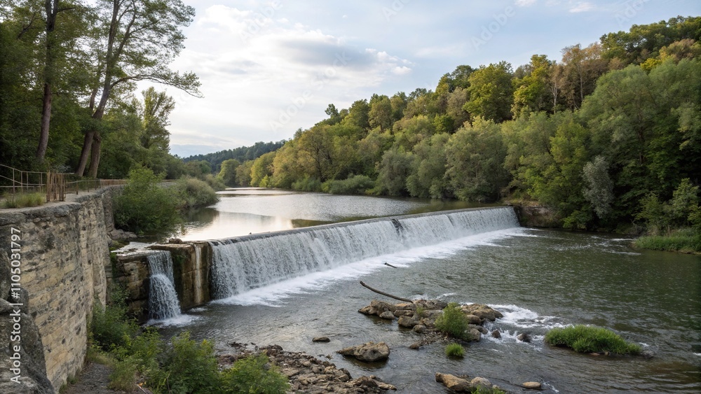 Small dam with a tiny waterfall in the foreground, reflected light, serene scene, lake Small dam with a tiny waterfall in the foreground, reflected light, serene scene, lake