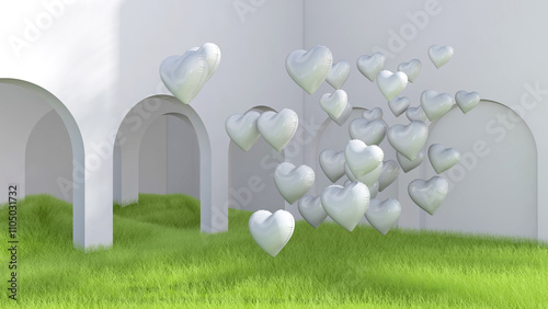 Colorful balloons flying in the room. 3D illustration, 3D rendering	