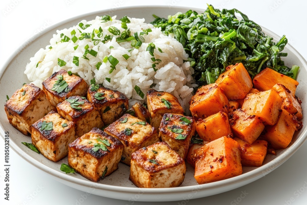 Fototapeta premium Vegan hibachi with tofu, mushrooms, and vegetables arranged artfully , representing modern cuisine.
