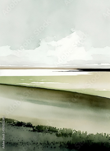 Green meadow landscape illustration in watercolor