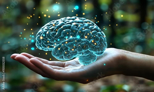 A glowing brain held in a hand, symbolizing knowledge and creativity.