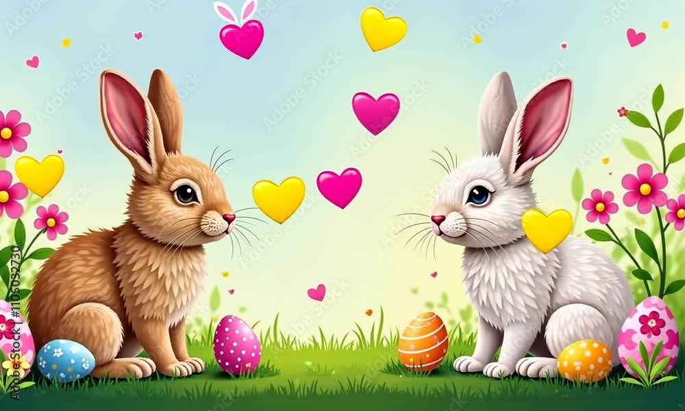 video postcard with Easter bunnies and colorful eggs on green spring grass, colorful little hearts flying above them
