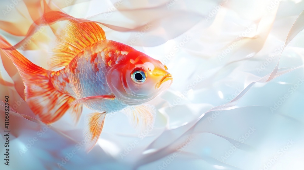 A Golden Fish Swims Through Flowing White Fabric A Golden Fish Swims Through Flowing White Fabric