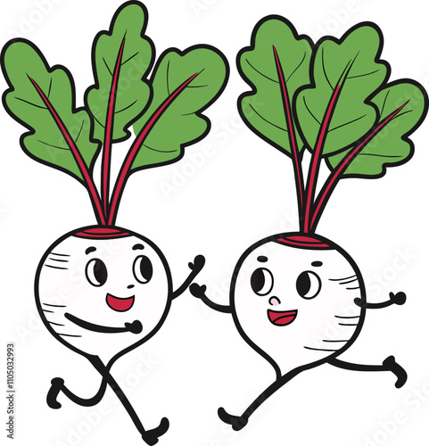 Happy Turnips: Two cheerful cartoon turnips joyfully dance together, their vibrant green tops and white bodies creating a whimsical scene.  