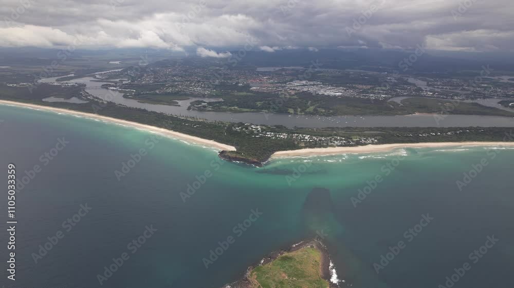 Scenic View Of Cook Island And Fingal Headland On A Cloudy Day In NSW, Australia - Drone Shot Scenic View Of Cook Island And Fingal Headland On A Cloudy Day In NSW, Australia - Drone Shot