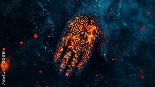 A businessman's access is secured via fingerprint scan, confirming identity and approving access, thereby enhancing cyber security in the online business concept : Stock photo