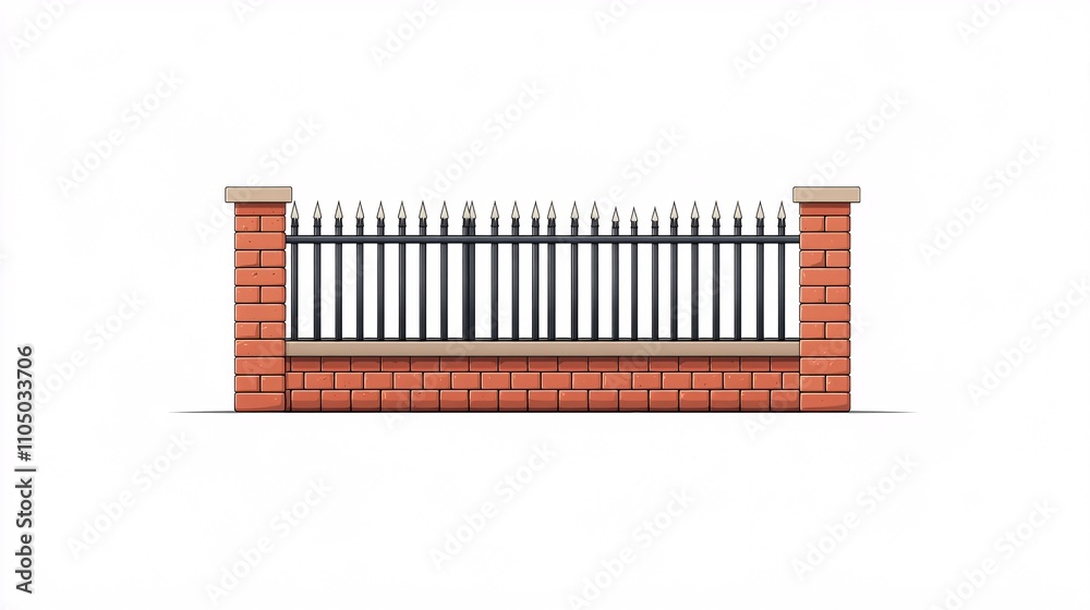 94.A clean, isolated vector illustration of a fence made of red bricks and vertical steel bars. The bricks form a solid base, while the steel bars extend upward in straight lines, creating a secure 94.A clean, isolated vector illustration of a fence made of red bricks and vertical steel bars. The bricks form a solid base, while the steel bars extend upward in straight lines, creating a secure