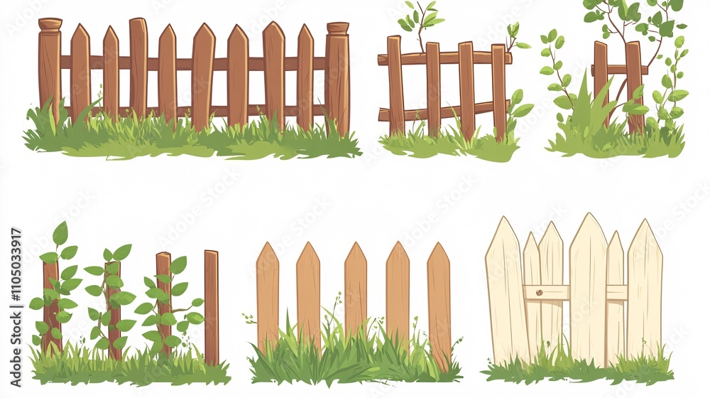 Obraz premium 97.A collection of cartoon wooden fence designs, including a rustic post-and-rail fence, a classic picket fence, and a decorative panel fence. Each fence section is drawn in a playful, flat vector