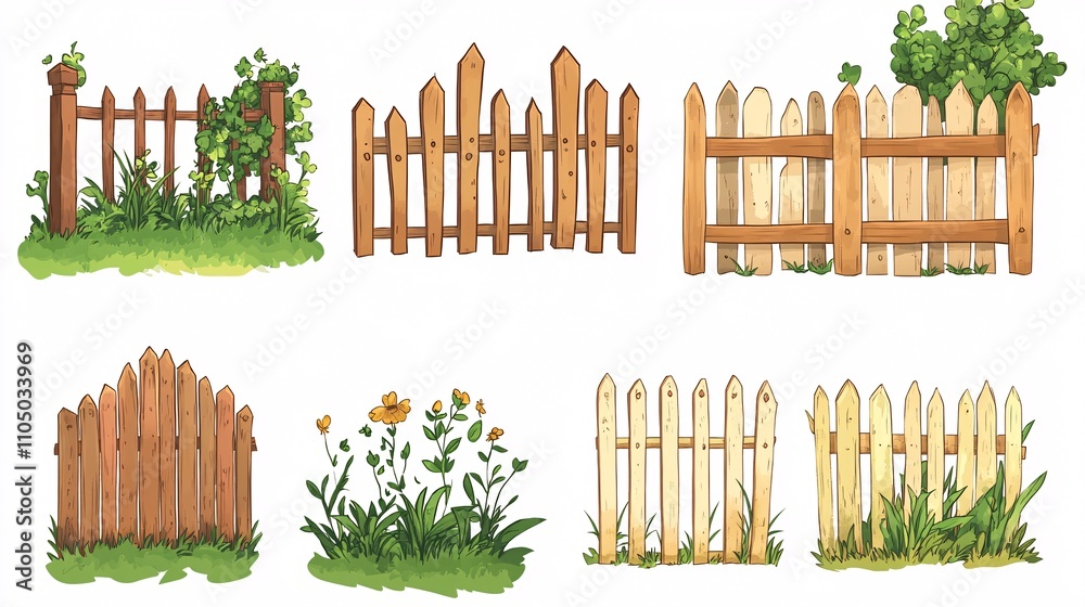 Fototapeta premium 97.A collection of cartoon wooden fence designs, including a rustic post-and-rail fence, a classic picket fence, and a decorative panel fence. Each fence section is drawn in a playful, flat vector