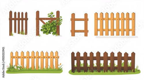 97.A collection of cartoon wooden fence designs, including a rustic post-and-rail fence, a classic picket fence, and a decorative panel fence. Each fence section is drawn in a playful, flat vector photo