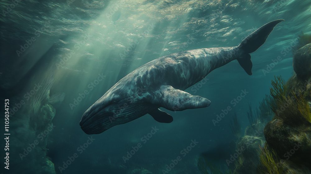 Obraz premium A hyper-realistic, detailed underwater scene featuring a majestic blue whale swimming gracefully through deep ocean waters. The whale should be depicted in its full length, with its massive body