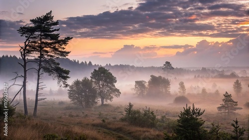 The foggy forest is illuminated by the soft light of the setting sun, serenity, warm glow