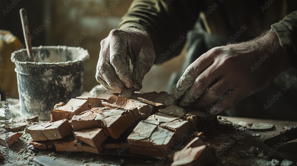 78.A detailed image of a man affixing torn bricks to a fence, showing the rough, jagged edges of each brick as he carefully arranges them in an artistic pattern, with a small bucket of mortar and 78.A detailed image of a man affixing torn bricks to a fence, showing the rough, jagged edges of each brick as he carefully arranges them in an artistic pattern, with a small bucket of mortar and