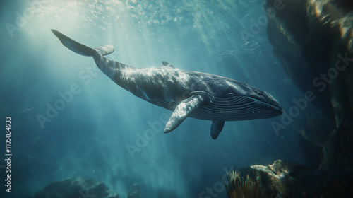 A hyper-realistic, detailed underwater scene featuring a majestic blue whale swimming gracefully through deep ocean waters. The whale should be depicted in its full length, with its massive body photo