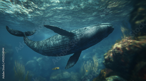 A hyper-realistic, detailed underwater scene featuring a majestic blue whale swimming gracefully through deep ocean waters. The whale should be depicted in its full length, with its massive body photo