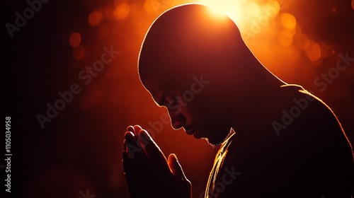 Black African American man pray to god. Religion belief faith worship. Generative AI technology.	
 photo